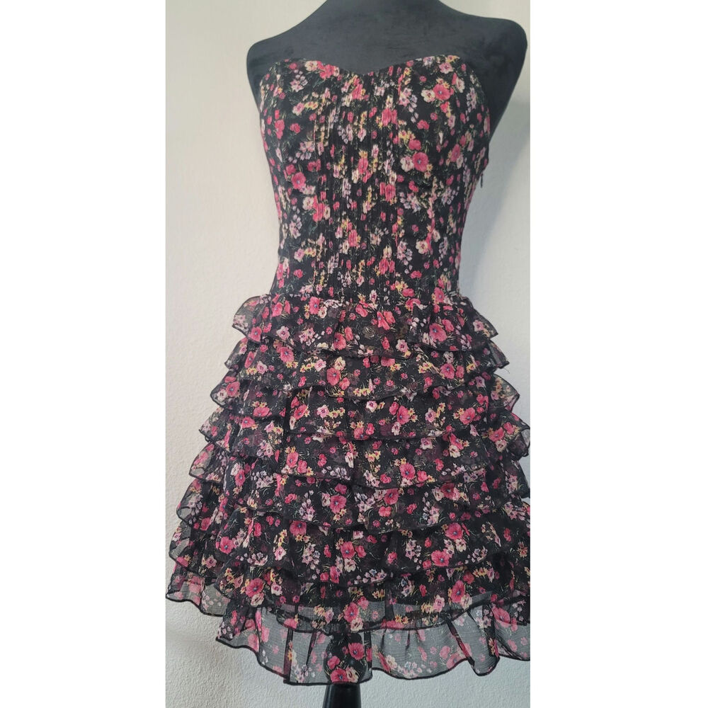 Vintage 90s Black Floral Cottage Strapless Corset Dress Tiered Chiffon Ruffles 5